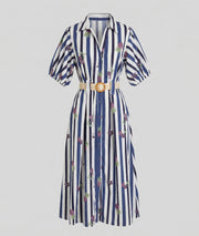 Robe longue en coton Claudie à rayures - marine fond blanc avant