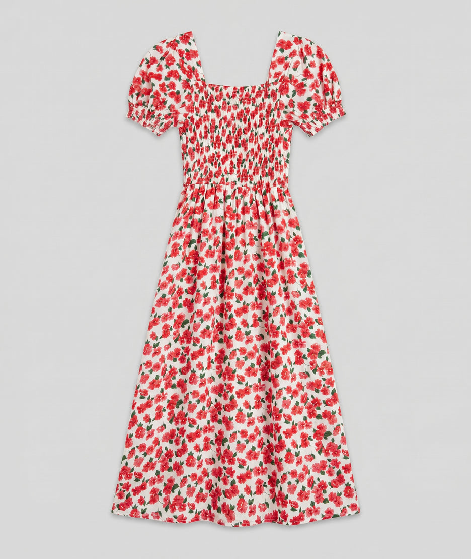 Robe Courtney blanc fleurs roses encolure sweetheart dos smocké fond gris