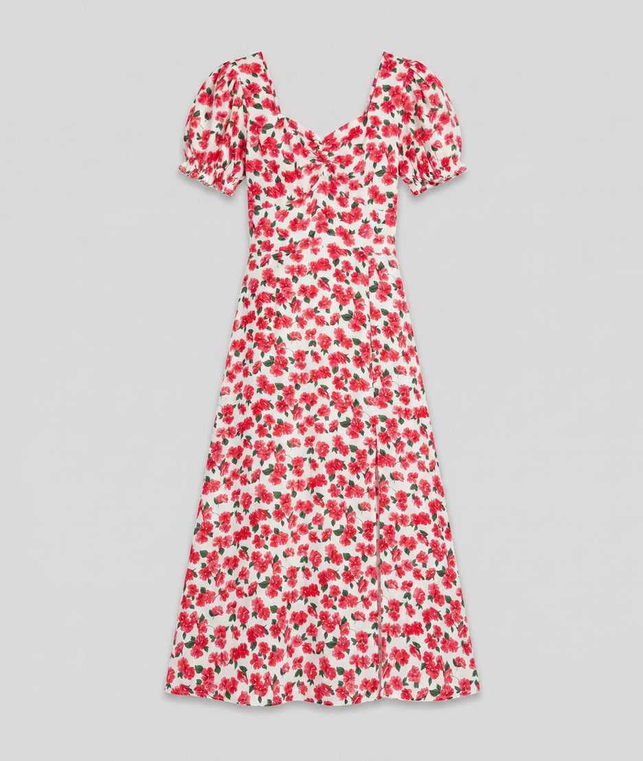 Robe Courtney blanc imprimé floral rose manches bouffantes avant fond gris