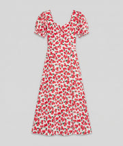 Robe Courtney blanc imprimé floral rose manches bouffantes avant fond gris