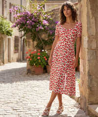 Robe Courtney coupe midi, imprimé fleurs roses - marine