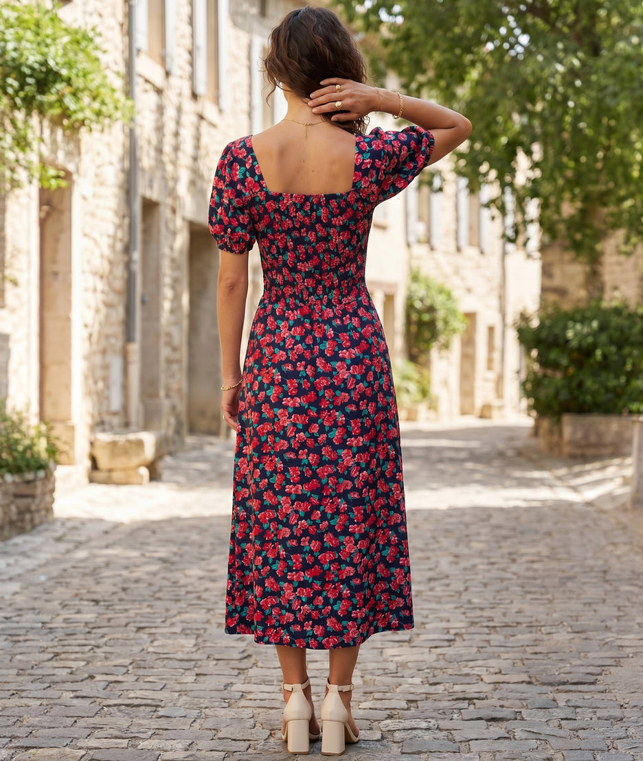 Robe Courtney coupe midi, imprimé fleurs roses - marine