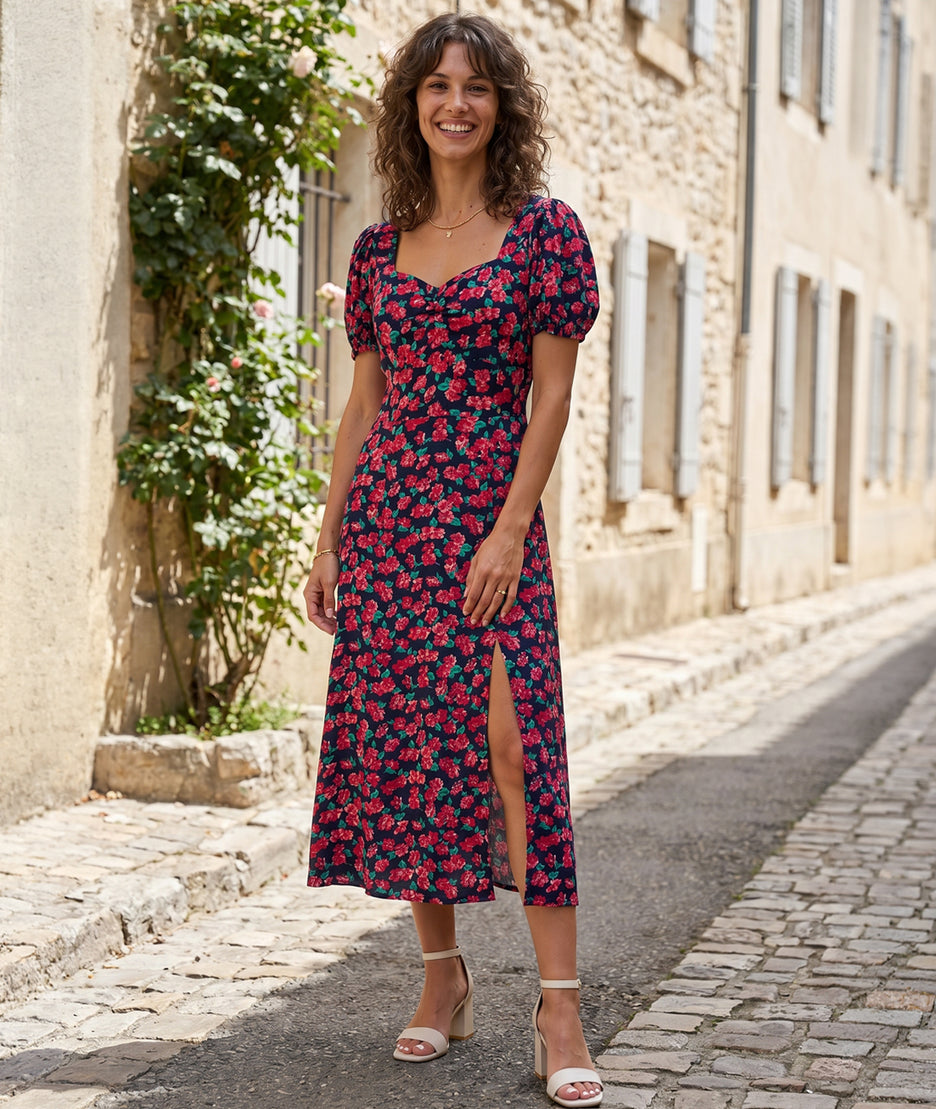Robe Courtney coupe midi, imprimé fleurs roses - marine