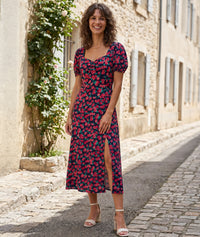 Robe Courtney coupe midi, imprimé fleurs roses - marine