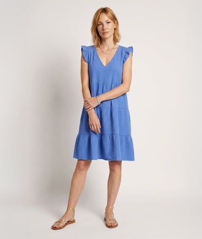 Robe courte Cyrille gaz de coton bleu face avant