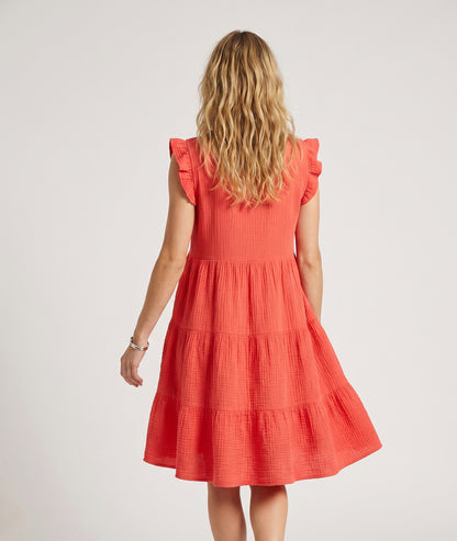 Robe courte Cyrille gaz de coton corail face arrière