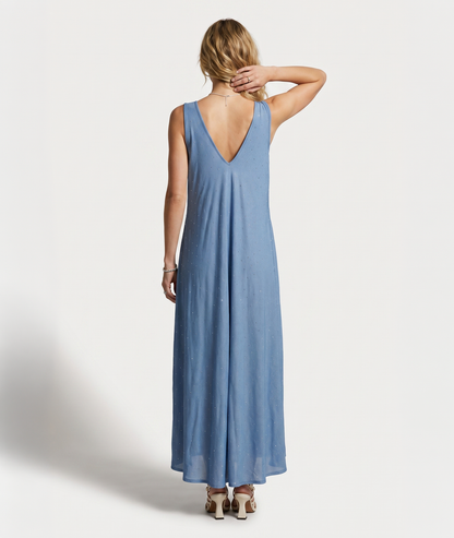 Robe Delphina jean clair dos en V strass argentés - Carnaby
