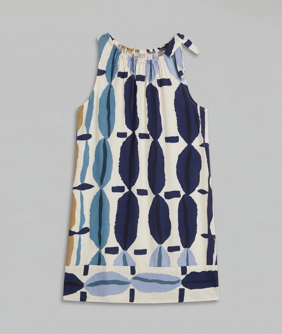 Robe Gloria à imprimé géométrique bleu fond blanc avant - Carnaby