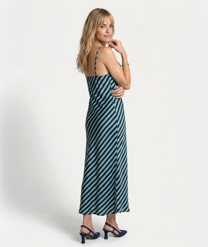 Robe Katerina bleu rayures diagonales dos ouvert fines bretelles — Carnaby