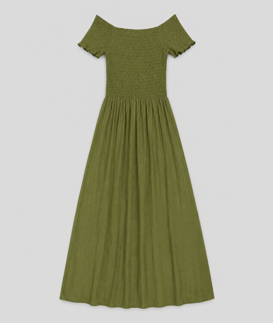  Robe Laura vert kaki smockée épaules dénudées manches courtes — Carnaby