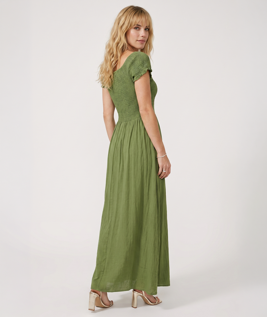 Robe Laura vert portée dos jupe longue fluide — look été Carnaby