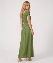 Robe Laura vert portée dos jupe longue fluide — look été Carnaby