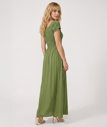 Robe Laura vert portée dos jupe longue fluide — look été Carnaby