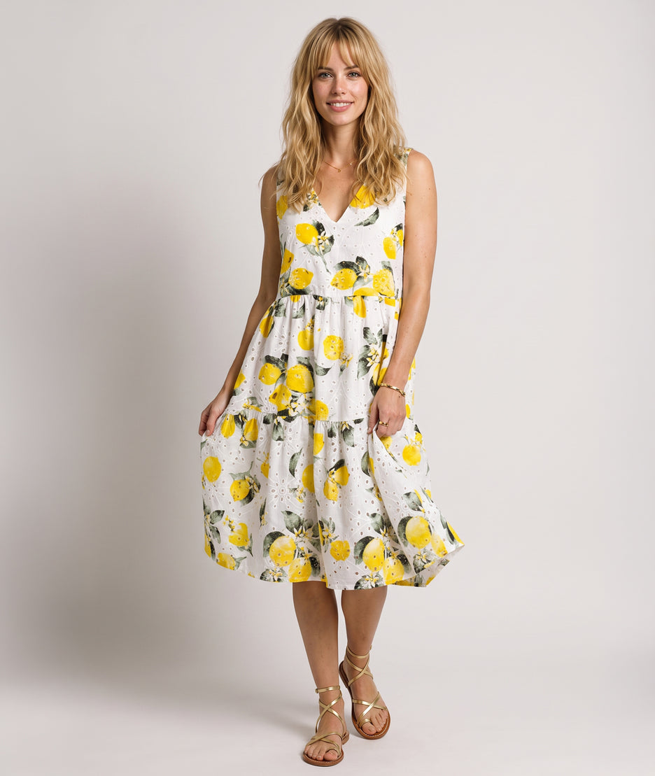 Robe Lemone midi blanche motif citrons face — marque Carnaby