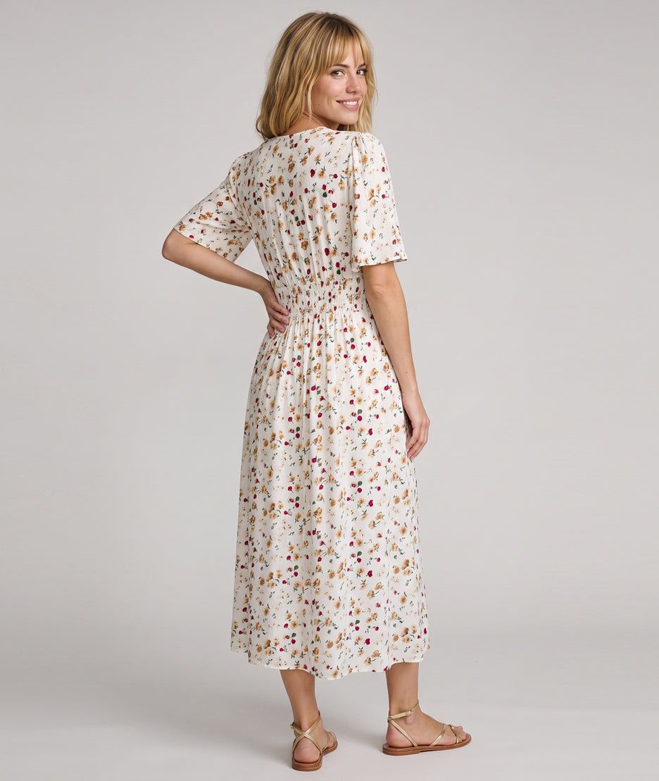 Robe longue Leoa blanc à motif fleuri avec col en V — marque Carnaby