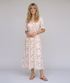 Robe longue Leoa blanc à motif fleuri avec col en V — marque Carnaby