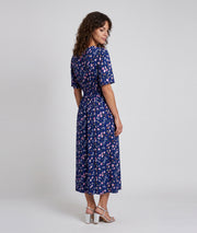 Robe longue Leoa bleue à motif fleuri avec col en V — marque Carnaby