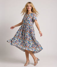 Robe Madrid coupe midi imprimé floral - bleu