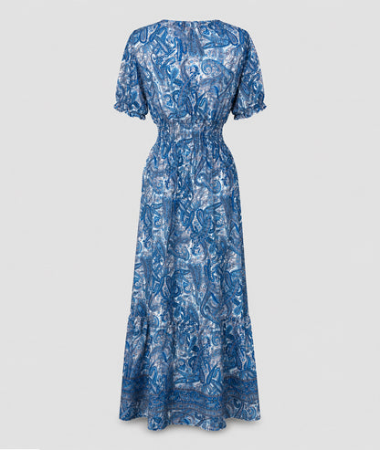 Robe Manon longue smockée imprimé paisley - bleu face arrière