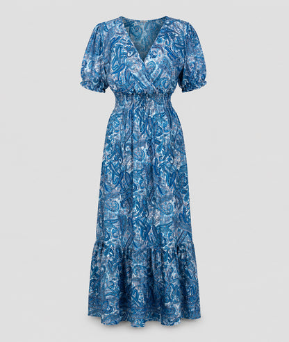 Robe Manon longue smockée imprimé paisley - bleu