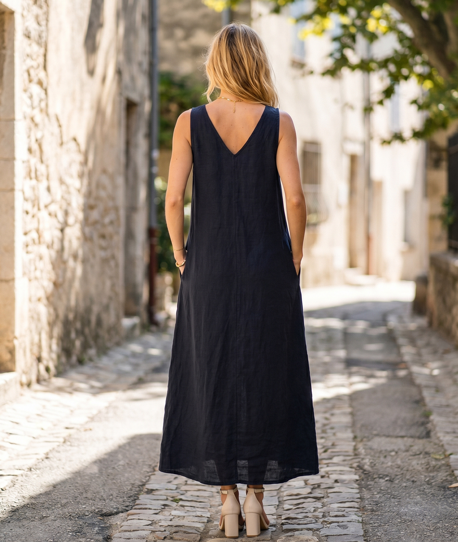 Robe Nana marine lin trapèze maxi col en V sans manches face avant