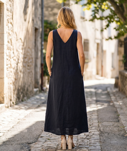 Robe Nana marine lin trapèze maxi col en V sans manches face avant