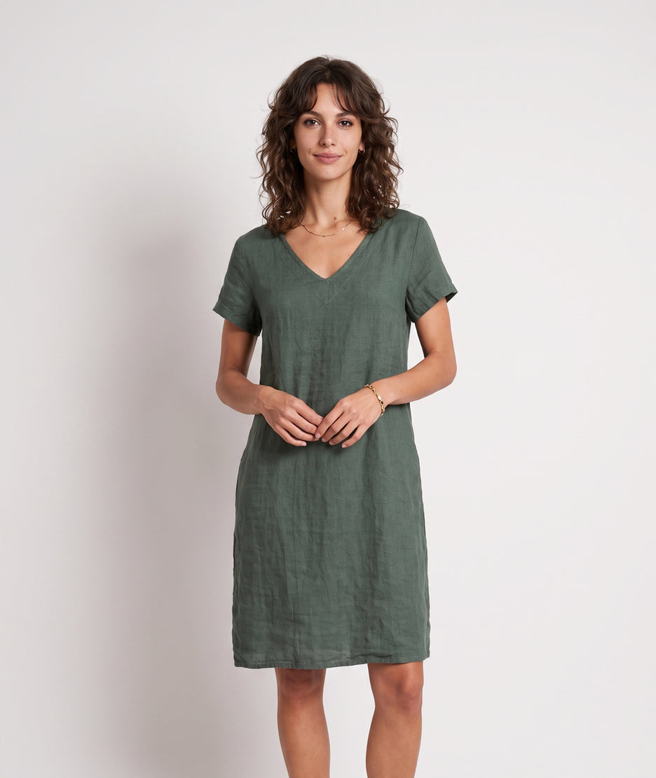 Robe Natalya kaki en lin face — marque Carnaby