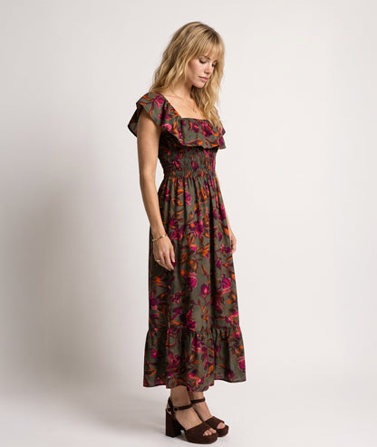 Robe Nelly kaki longue smockée à motif fleuri face — marque Carnaby