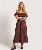 Robe Nelly kaki longue smockée à motif fleuri face — marque Carnaby
