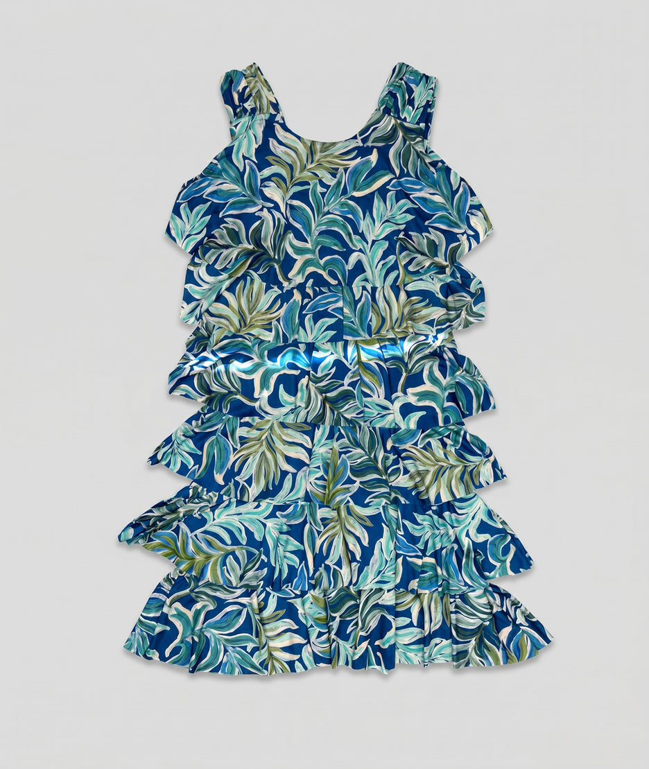 Robe midi Petra à volants imprimé feuillage - bleu