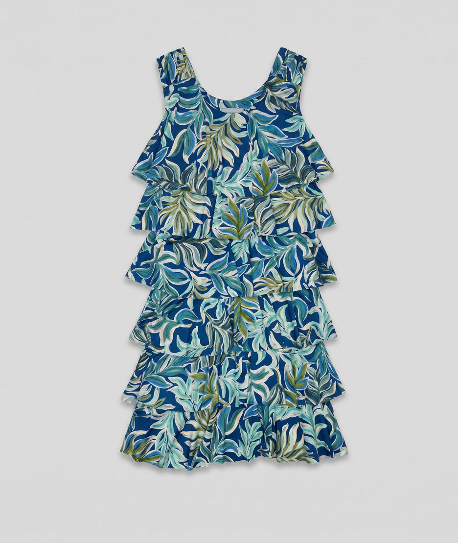 Robe midi Petra à volants imprimé feuillage - bleu