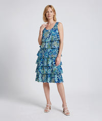 Robe midi Petra à volants imprimé feuillage - bleu