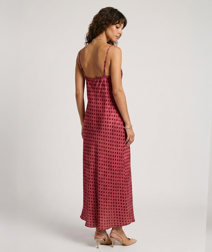 Robe Poina en satin à imprimé pois et col bénitier - bordeau