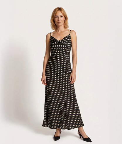 Robe Poina noir à pois écrus col bénitier face - Carnaby