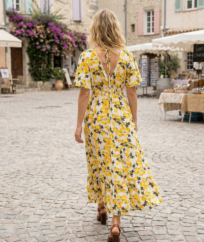 Robe longue Sicile motif citron jaune dos