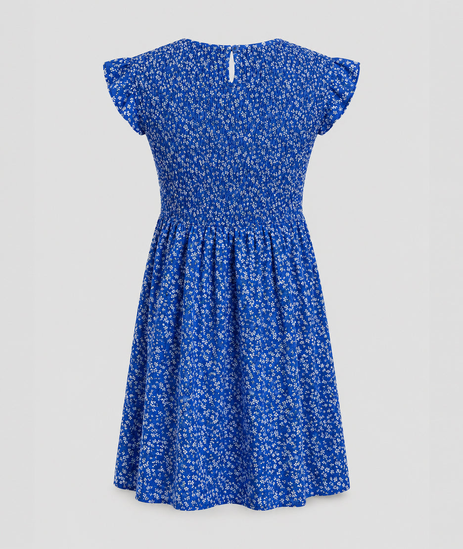 Robe Sinka bleu roi buste smocké jupe corolle ouverture goutte d'eau dos fond blanc - Carnaby