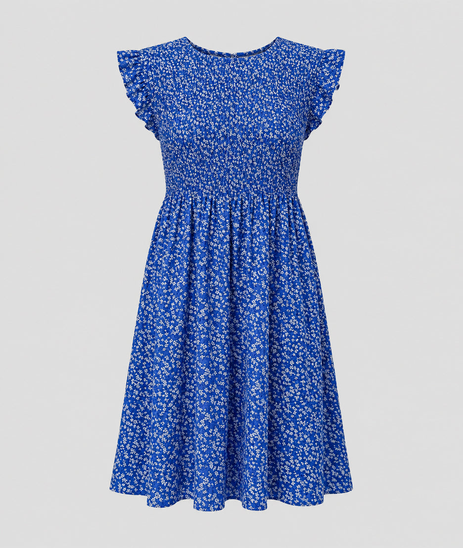 Robe Sinka bleu roi courte smockée imprimé floral fond blanc - Carnaby