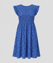 Robe Sinka bleu roi courte smockée imprimé floral fond blanc - Carnaby