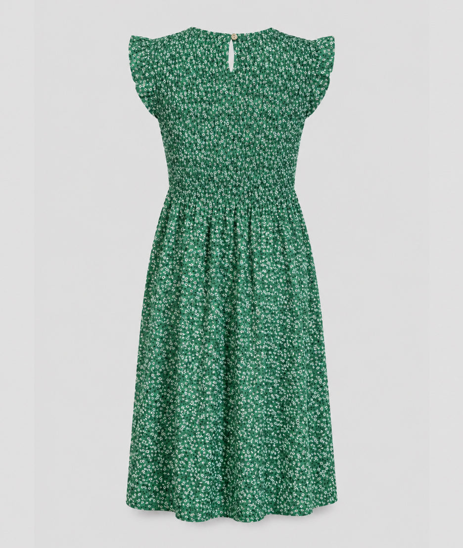 Robe Sinka vert buste smocké jupe corolle ouverture goutte d'eau dos fond blanc - Carnaby
