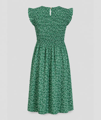 Robe Sinka vert buste smocké jupe corolle ouverture goutte d'eau dos fond blanc - Carnaby