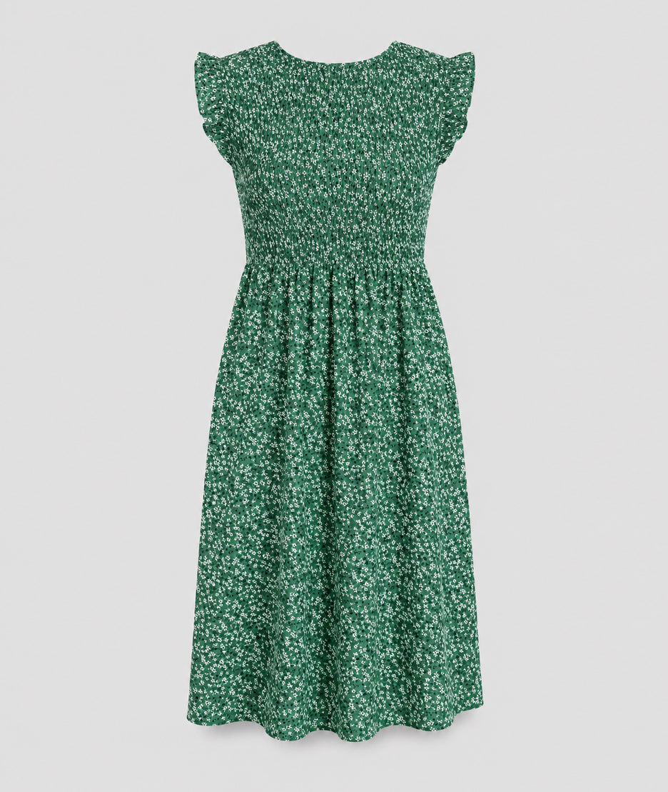 Robe Sinka vert courte smockée imprimé floral fond blanc - Carnaby