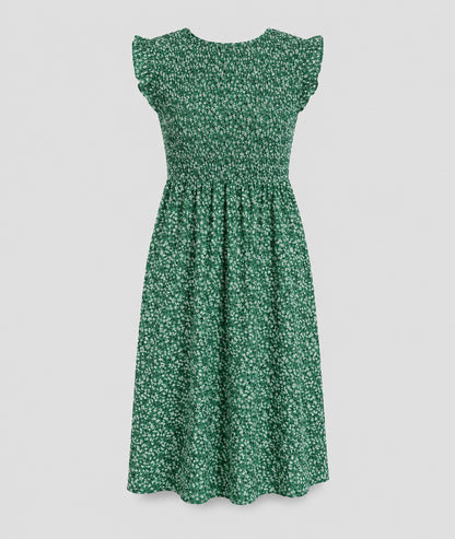 Robe Sinka vert courte smockée imprimé floral fond blanc - Carnaby