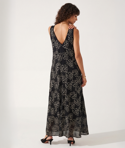 Robe Soraya noir broderie feuillage doré col V dos - Carnaby