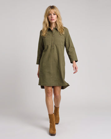 Robe courte femme Tallia kaki 100 % coton à manches longues et poches poitrine