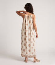 Robe Terry blanc/camel pompons dos cordon nœud frise ourlet - Carnaby