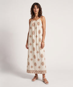 Robe Terry blanc/camel maxi médaillons brodés bretelles fines face - Carnaby
