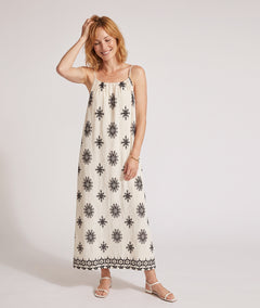 Robe Terry blanc/noir maxi médaillons brodés bretelles fines face - Carnaby