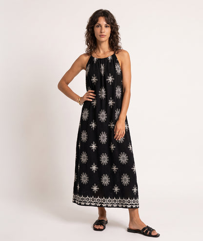 Robe Terry noir/blanc maxi médaillons brodés bretelles fines face - Carnaby