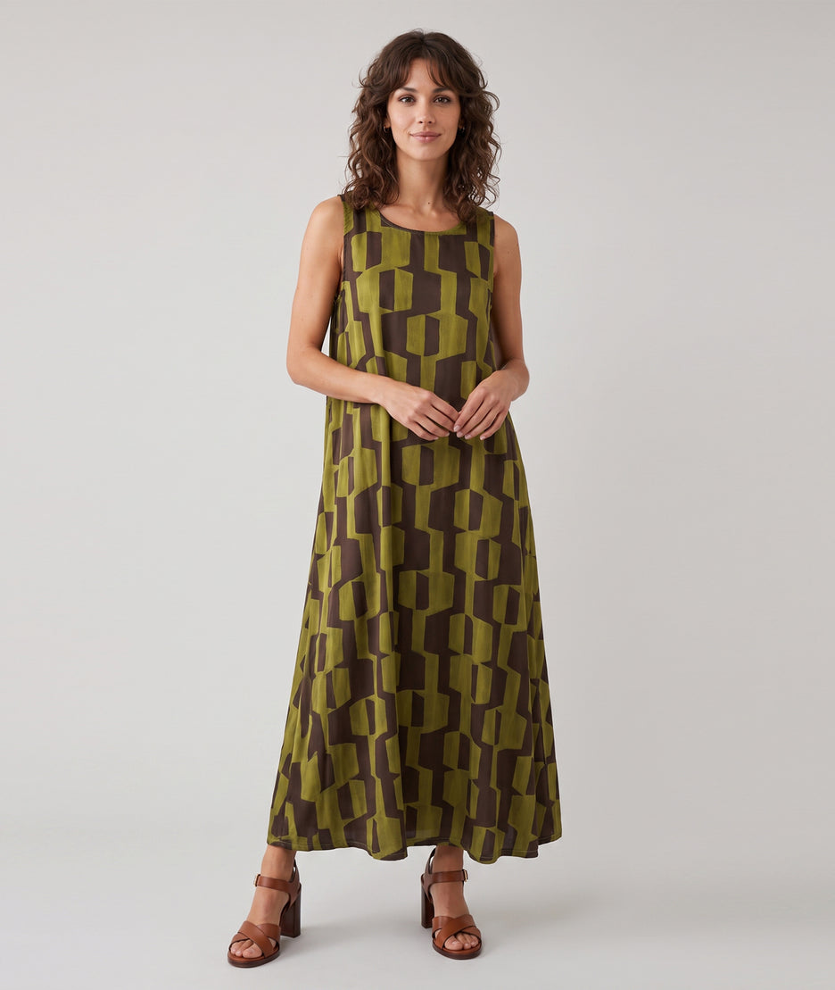 Robe longue Tidi motif géométrique - kaki