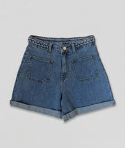 Short Athene jean taille haute ceinture tressée face - Carnaby